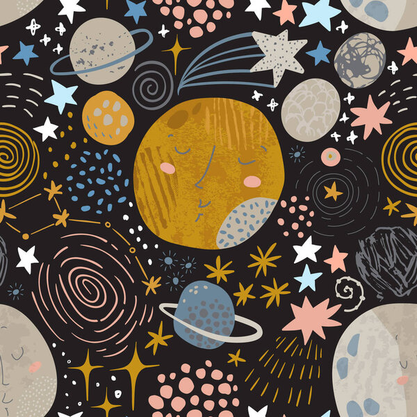 Cartoon cosmic background: cute planets, moon, shooting stars, galaxy, milky way.