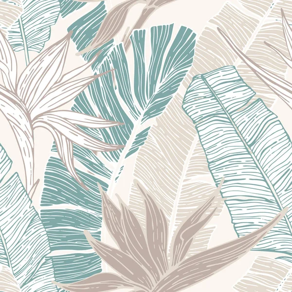Hand dras abstrakt tropisk sommar bakgrund: palm och bananblad, fågel-i-paradiset blomma i siluett, linje konst — Stockfoto