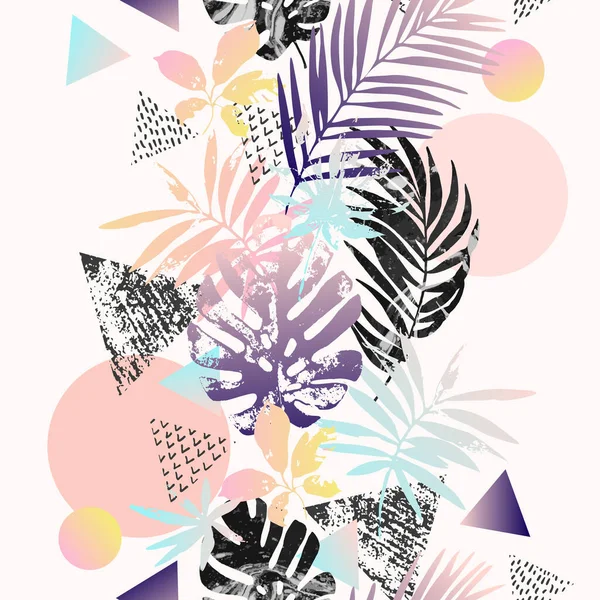 Modern illustration with tropical leaves, palm tree, marble, grunge textures, doodles, geometric, minimal elements. — ストック写真