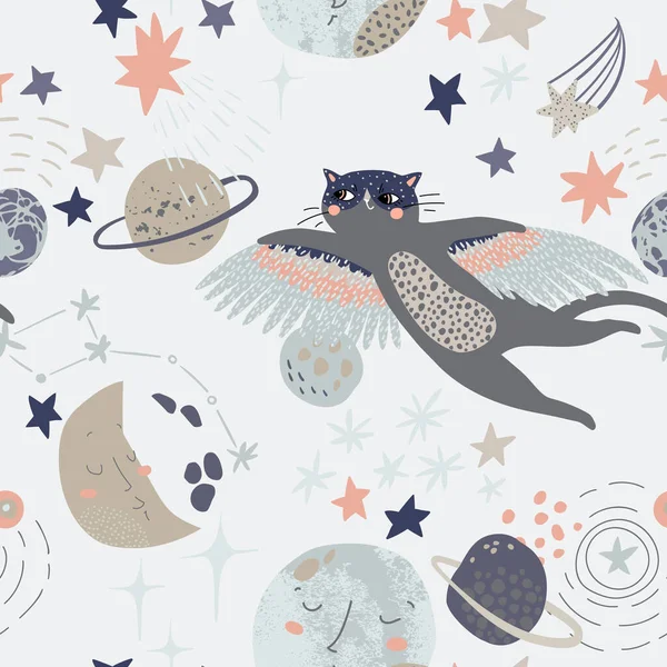 Cartoon cosmic background: flying cat in superhero mask, cute planets, moon, shooting stars, galaxy, milky way.