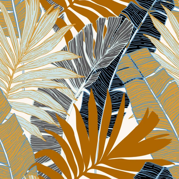 Fond d'été tropical abstrait dessiné à la main : feuilles de palmier et de banane en silhouette, art linéaire — Photo