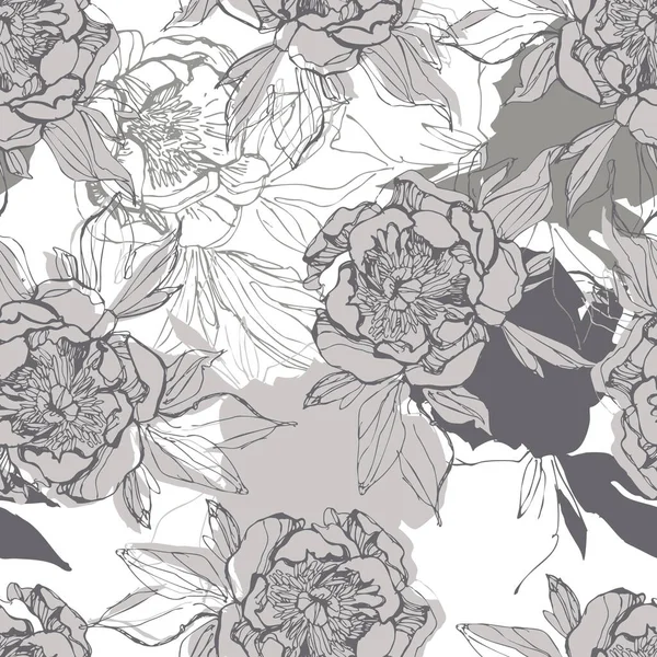 Line sketch peonies seamless pattern in black and white colors — Stok fotoğraf