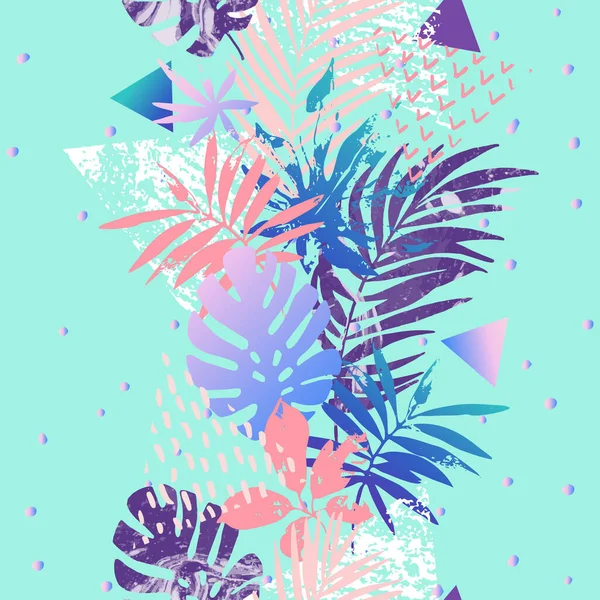 Modern illustration with tropical leaves, grunge, marbling textures, doodles, geometric, minimal elements. — ストック写真