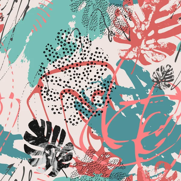 Cool abstract background. Modern illustration with tropical leaves, grunge, marbling textures, rough brush strokes, doodles, minimal elements — ストック写真