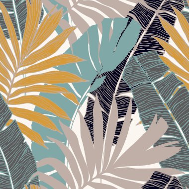 El çizimi soyut tropikal yaz arkaplanı: siluette palmiye ağacı ve muz yaprakları, çizgi sanatı