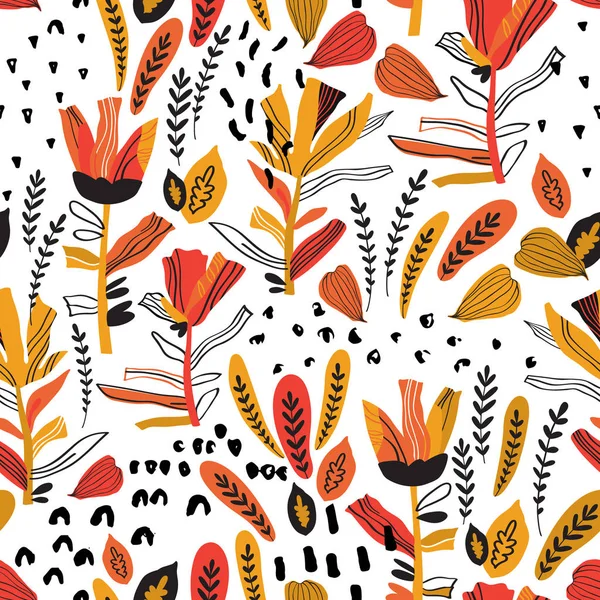 Детальний листя безшовний візерунок з прикрашеними квітами, пелюстками, листком, каракулевими елементами — стокове фото