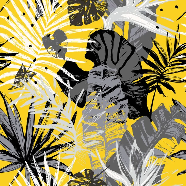 Hand drawn grunge textured tropical leaves seamless pattern.