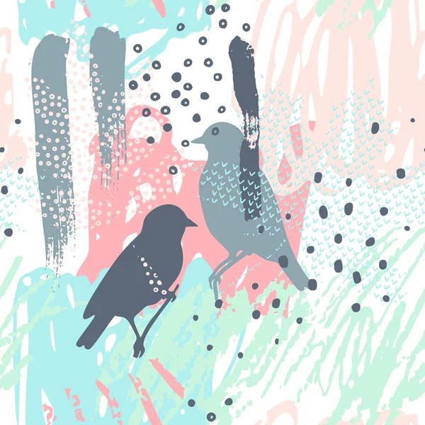 Сучасна абстрактна ілюстрація з пунктирним листям, симетрією пари птахів, скребками, гранжевими текстурами, грубими пензликами, каракулями . — стокове фото