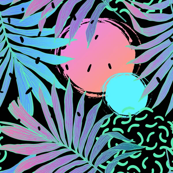 Hand drawn abstract tropical summer background: palm tree leaves, squiggles, dots in circle — ストック写真