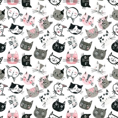 Çizgi filmlerdeki suluboya kediler pastel renklerde kusursuz desenler. Çocuk tasarımı için sevimli kedi yüzleri.