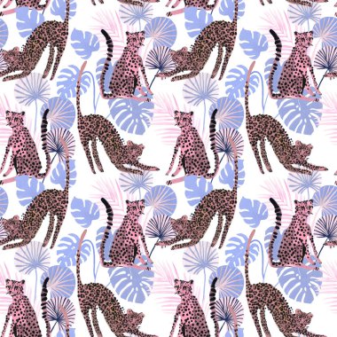 Tatlı suluboya leoparlar ve tropikal yapraklarla modern, modaya uygun, kusursuz desenler..