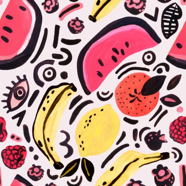 Karpuz, muz, portakal, limon, böğürtlen ve karpuz içeren alışılmadık moda arka plan