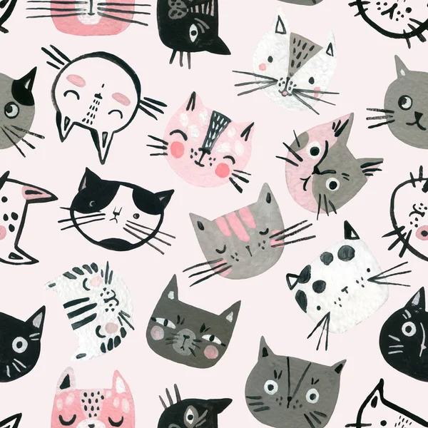 Cartoon watercolor cats seamless pattern in pastel colors. Cute kitten faces background for kids design.