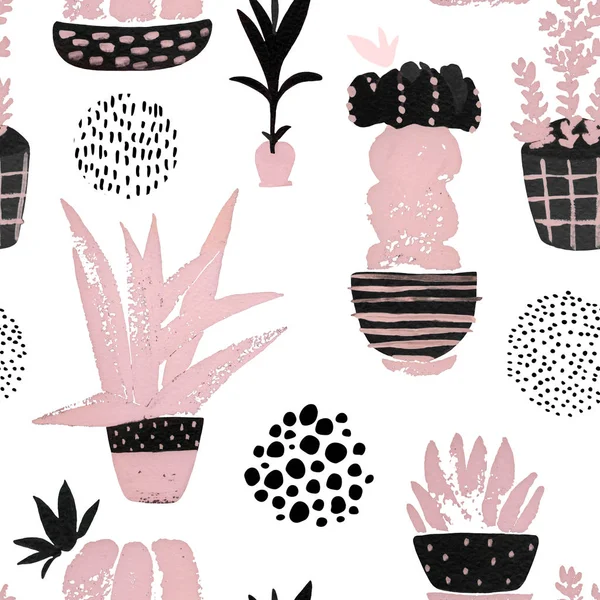 Illustrazione botanica dipinta a mano con acquerello, texture grunge, scarabocchi, fiori rosa cactus per home art design in stile nordico minimale — Foto Stock