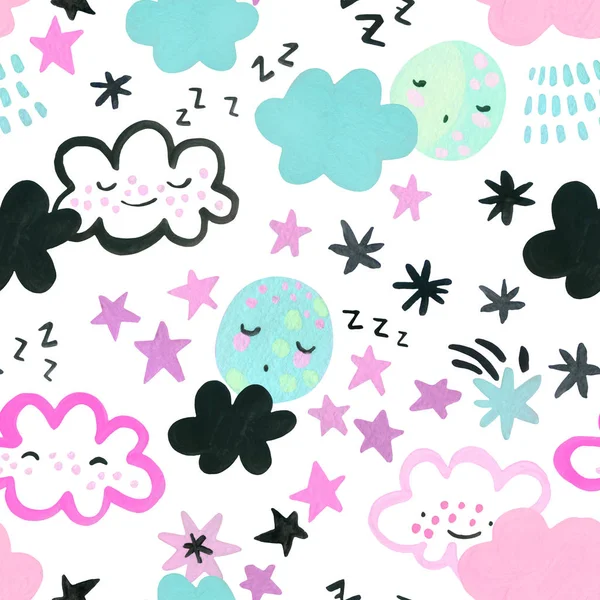 Αστεία φεγγάρια, σύννεφα, αστέρια φόντο. Φυτώριο τέχνη απρόσκοπτη μοτίβο — Φωτογραφία Αρχείου