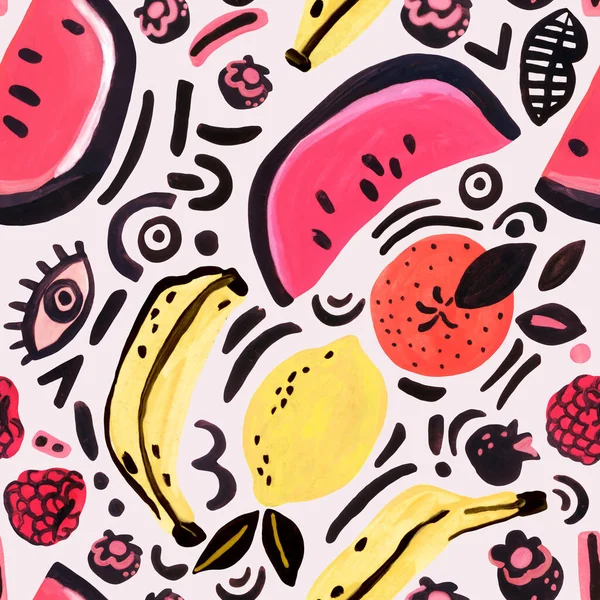 Ovanlig trendig bakgrund med vattenmelon, banan, apelsin, citron, bär popkonst doodles — Stockfoto