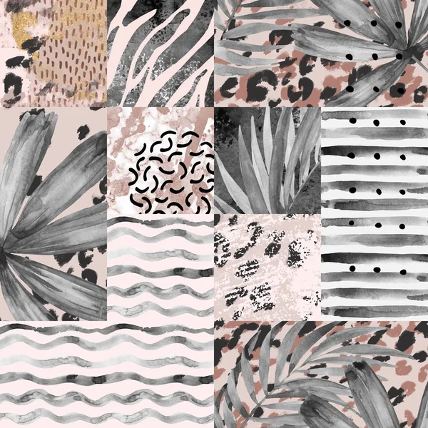 Colori ad acqua dipinti a mano foglie di palma, strisce, stampa animalier, scarabocchi, grunge e acquerello texture sfondo geometrico — Foto Stock