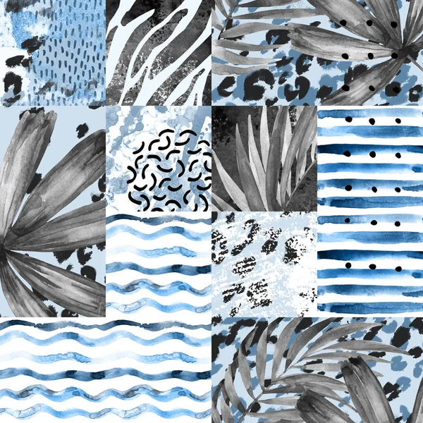 Kézzel festett vízszínű pálma levelek, csíkok, állati nyomat, firkák, grunge és akvarell textúrák geometriai háttér — Stock Fotó