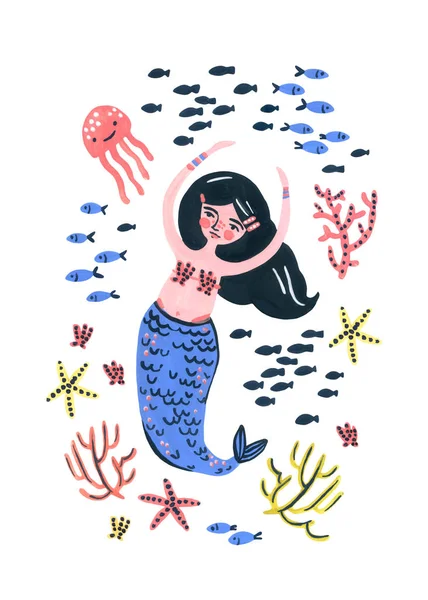 Watercolor cute mermaid, fish, jellyfish and sea plants poster