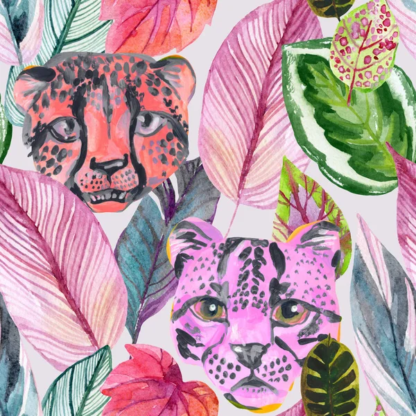 형형색색의 밝은 열대 수채화와 화려 한 나뭇잎 과 야생 동물의 머리. — 스톡 사진