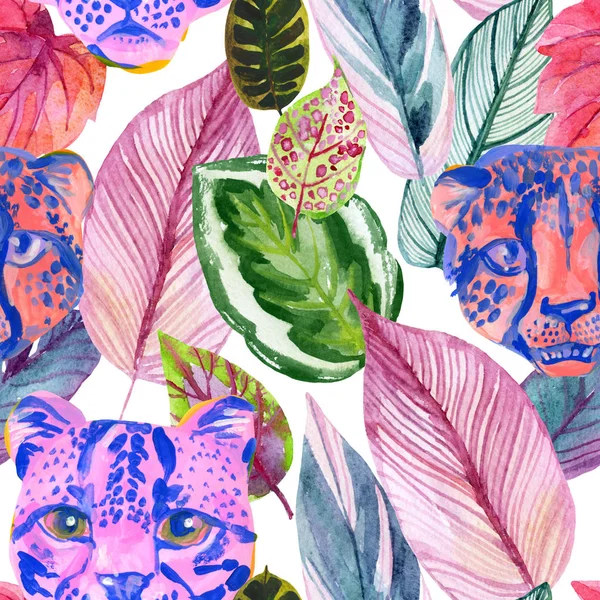 Ilustración botánica tropical de acuarela brillante con hojas coloridas y cabezas de animales salvajes . — Foto de Stock