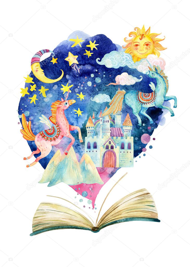 The whole fairy tale world in one book. Starry sky, moon and sun, magic castle, flying unicorns.