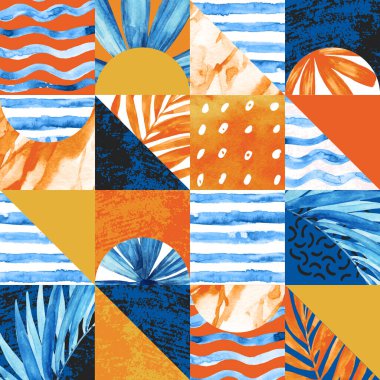 Kareler, üçgenler, şekiller, suluboya tropikal yapraklar ile geometrik asgari düzlemli desen. Modern tasarım, marka paketi, kumaş baskısı, duvar kağıdı için İskandinav tarzında soyut arkaplan