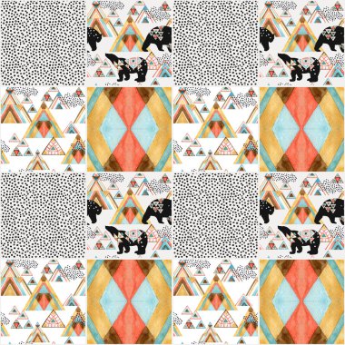 Kutup ayısı ile soyut geometrik dikişsiz desen, yama tarzı suluboya üçgenler. Macera konsepti geometrik süs arka planı. Soyut dağ manzarası El çizimi sanat çizimi