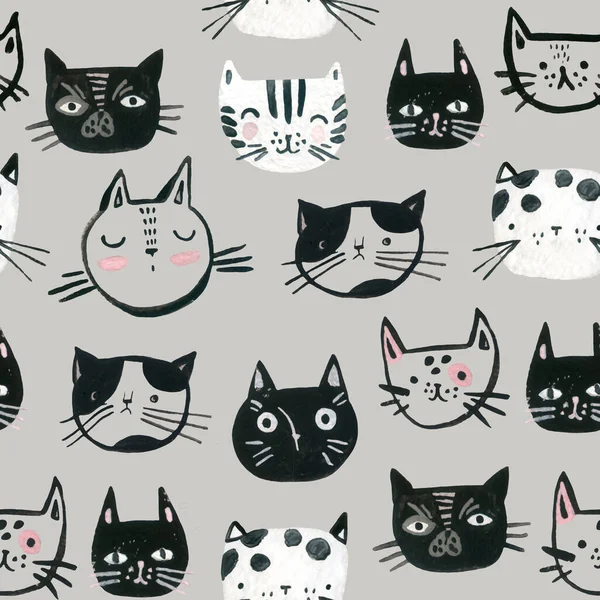 Watercolor cute cats faces seamless pattern. Sweet cat muzzles monochrome background. Nursery design in scandinavian style. Hand painted childish background for textile, fabric, wrapping paper