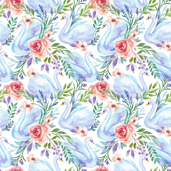 Akvarell Hattyú Zökkenőmentes Minta Gyönyörű Madarak Virágok Levelek Bogyók Fehér — Stock Fotó