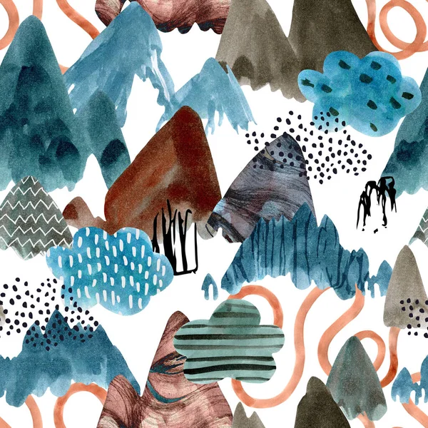 水彩山のアートの背景 抽象的な風景シームレスパターン テクスチャされた山々 手描きの冬のイラスト最小限のデザイン — ストック写真