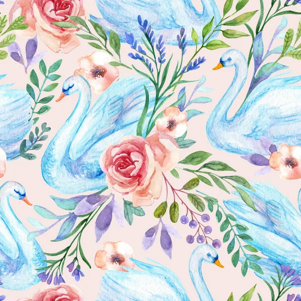 Akvarell Hattyú Zökkenőmentes Minta Gyönyörű Madarak Virágokkal Levelekkel Bogyókkal Pasztell — Stock Fotó