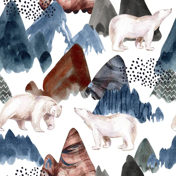水彩山のアートの背景 抽象的な風景シームレスパターン テクスチャされた山々 ホッキョクグマの野生動物 手描きの冬のイラスト最小限のデザイン — ストック写真