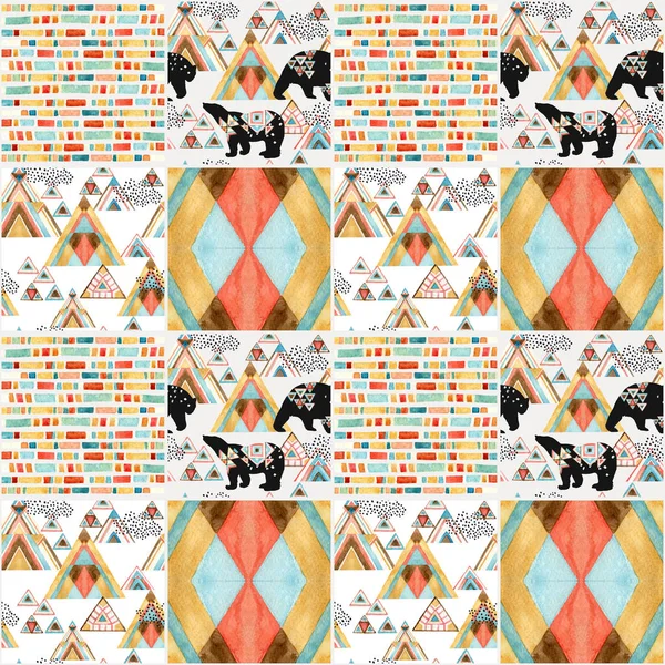 Abstraktní Geometrický Bezešvý Vzor Ledním Medvědem Akvarelové Trojúhelníky Stylu Patchworku — Stock fotografie