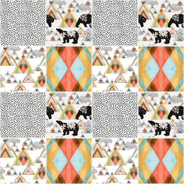 Abstract Geometrisch Naadloos Patroon Met Ijsbeer Aquareldriehoeken Patchwork Stijl Avontuur — Stockfoto