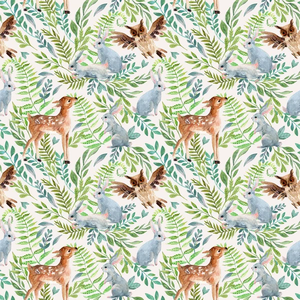 Watercolor Baby Deer Owl Little Rabbits Wild Herbs Flowers Background — Stock Photo, Image