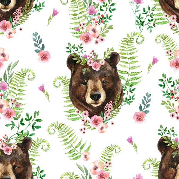 Χαριτωμένο Πορτρέτο Αρκούδας Ακουαρέλα Λουλουδάτο Στεφάνι Φόντο Αγριολούλουδων Δάσος Αδιάλειπτη — Φωτογραφία Αρχείου