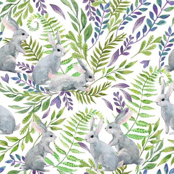 Aquarelle Petits Lapins Sur Fond Herbes Sauvages Fleurs Faune Des — Photo