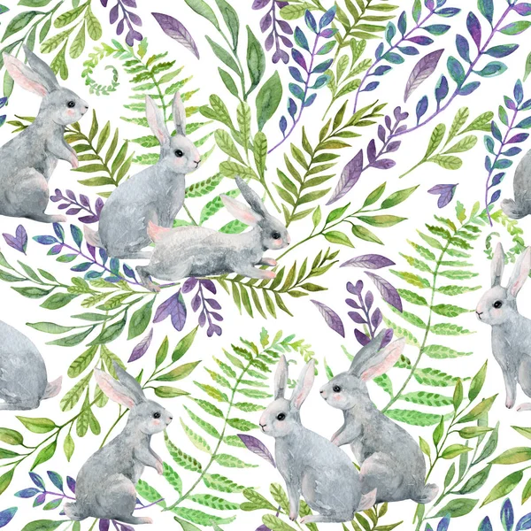 Watercolor little rabbits on wild herbs and flowers background. Woodland wildlife seamless pattern with cute animals. Hand painted nature illustration for nursery design, fabrics, textile