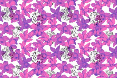 Parlak orkideler, çok az şekilli, kusursuz desenler. Tropik çiçek çizimi. Yaz arkaplanı için çiçek panoramik duvar kağıdı. Elle çizilmiş egzotik çiçek çizimi. Botanik kavramı