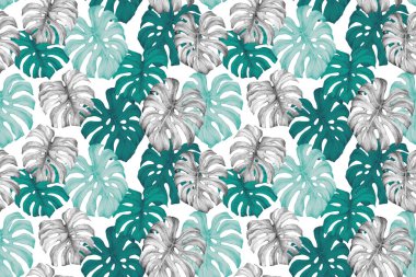 Minimum tropik arka plan. İkili tonlu canavar, turkuaz yeşil renkli kusursuz desen bırakıyor. Moda tasarımı için el çizimi yaz çizimi. Orman yaprağı çizimi
