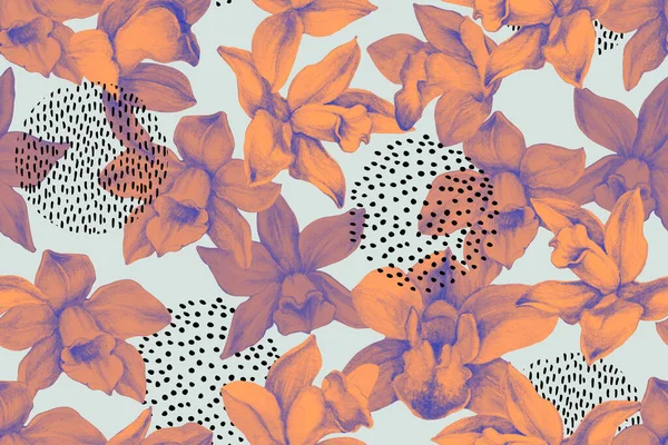最小限の形状 ドアとデュオトーン色の蘭のシームレスなパターン 熱帯のブログの花のスケッチ 夏の背景のための花のパノラマ壁紙 手描きエキゾチックなイラスト Botanyのコンセプト — ストック写真