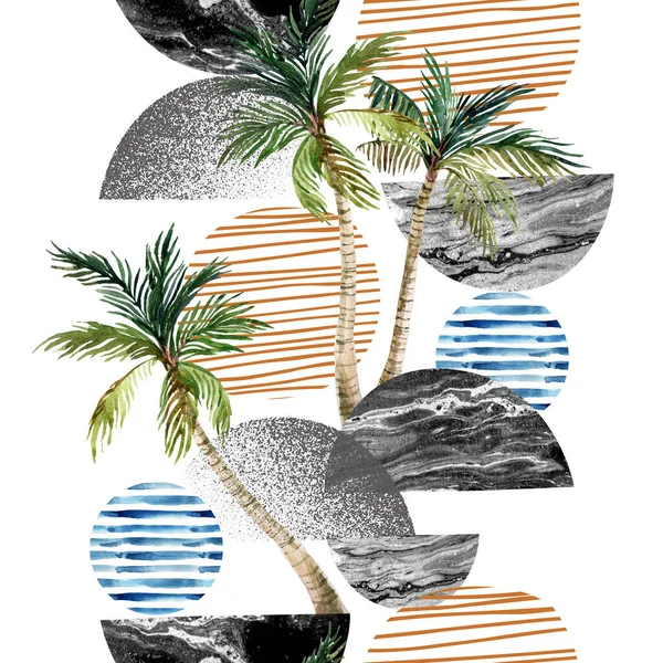概要夏の幾何学的なシームレスパターン 幾何学的形状 自然の要素の現代美術 手描きイラスト ビーチ ヤシの木 表面パターン設計のための熱帯の背景 — ストック写真