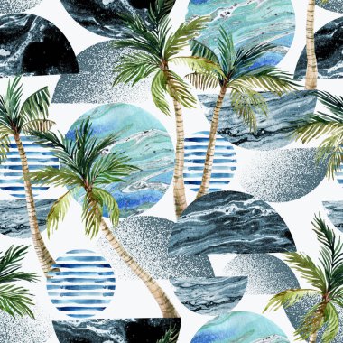 Soyut geometrik, dikişsiz yaz şablonu. El çizimi illüstrasyon: geometrik şekiller, doğal tropik elementler, sahil, deniz, ekolojik gezegen, palmiye ağaçları. Yüzey desen tasarımı için tropik arkaplan