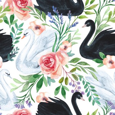 Watercolor white and black swan lake seamless pattern. Beautiful birds with flowers, leaves, berries on pastel background. Hand drawn illustration for nursery design, childish wallpaper, spring print clipart
