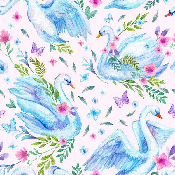 Watercolor cute swan lake seamless pattern. Beautiful birds with flowers, leaves, berries, butterfly on light background. Hand drawn illustration for nursery design, childish wallpaper, spring print