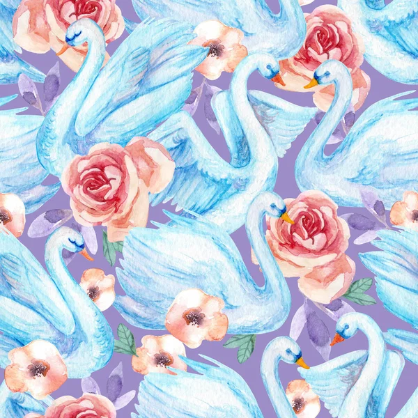 Akvarell Aranyos Hattyú Zökkenőmentes Minta Gyönyörű Madarak Rózsa Virágokkal Levelek — Stock Fotó