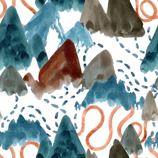 水彩山のアートの背景 抽象的な風景シームレスパターン 手描きの冬のイラスト最小限のデザイン — ストック写真