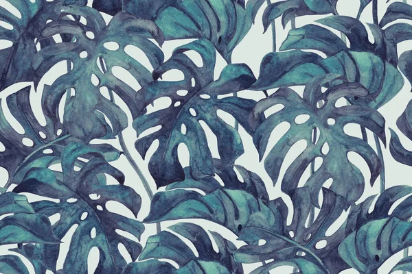 双音彩色的怪兽会留下无缝图案 热带叶草手绘植物图为夏季设计 水彩画在趋势渐变色 灰色背景中的水彩画 — 图库照片