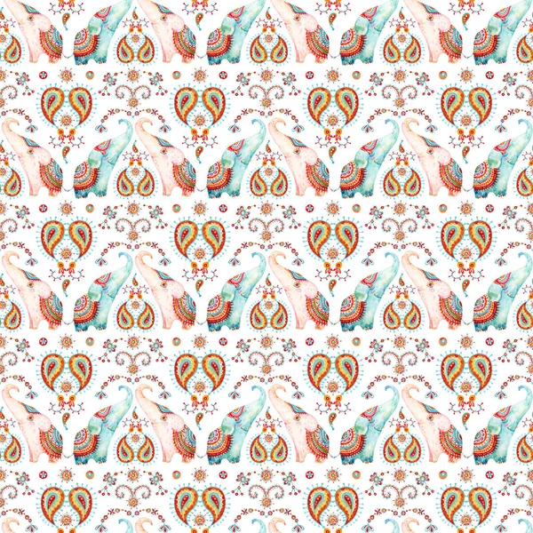 Tribal Aquarel Naadloos Patroon Olifant Paisley Ornament Etnische Indiaanse Olifanten — Stockfoto